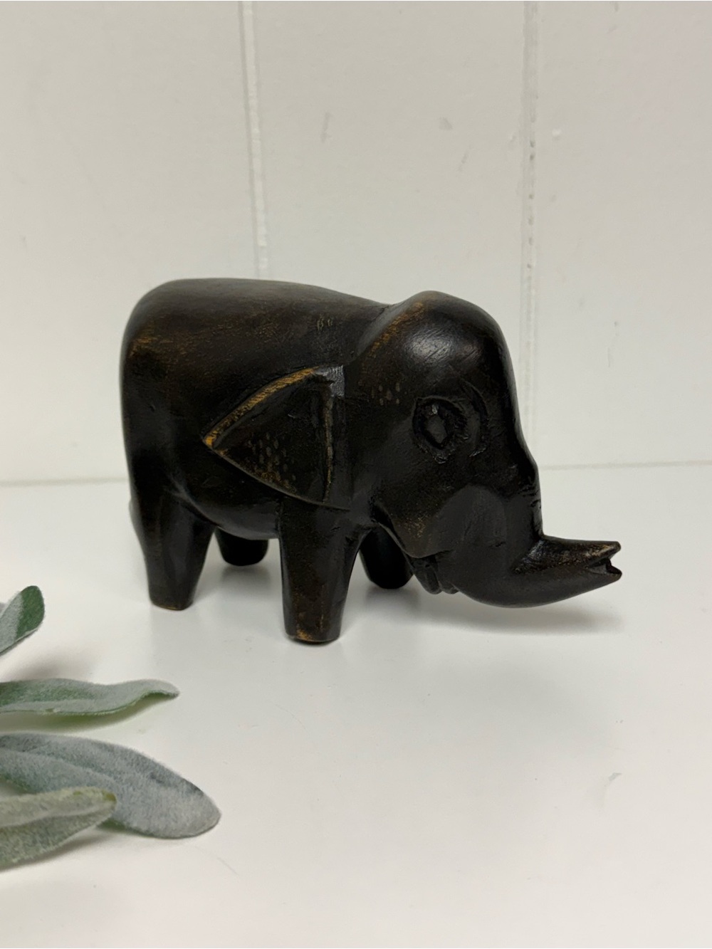 Vintage Hand Carved Dark Brown Elephant Sculpture Figurine Trunks Up for Luck